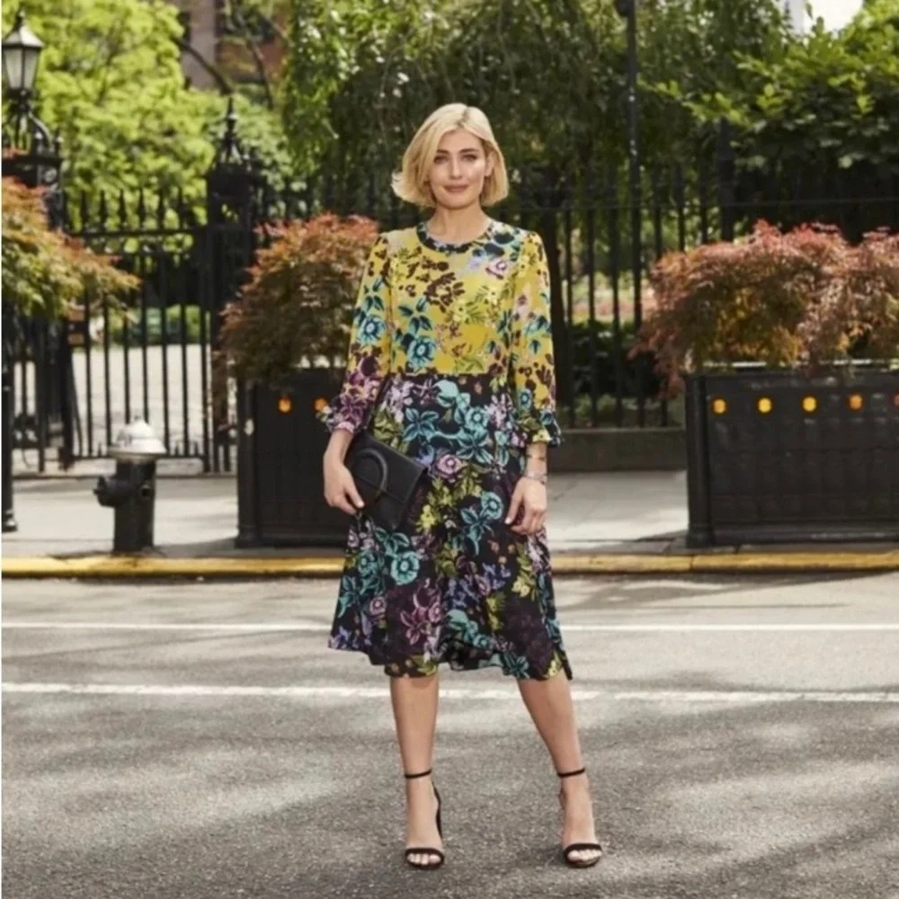 ELIZA J NWOT Floral Color Block MIDI Dress Long Bell Sleeves Sz 4 Dark Romantic - Picture 6 of 16